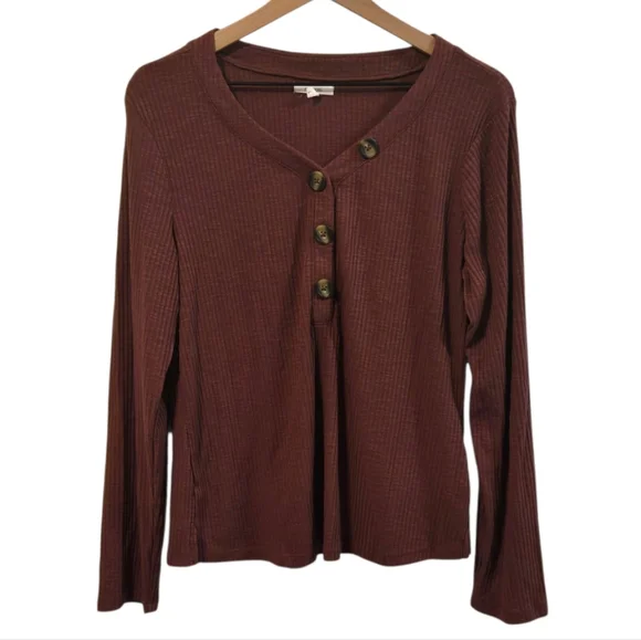 Maurices Heartland Brick Red Ribbed Henley Button Detail Long Sleeve Tee Large - Picture 1 of 8